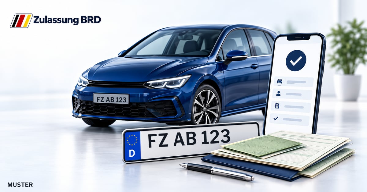 Online Fahrzeugzulassung in Wabern: Musterkennzeichen FZ AB 123, Auto und Fahrzeugpapiere und Smartphone. Illustration mit Logo von Zulassung BRD.